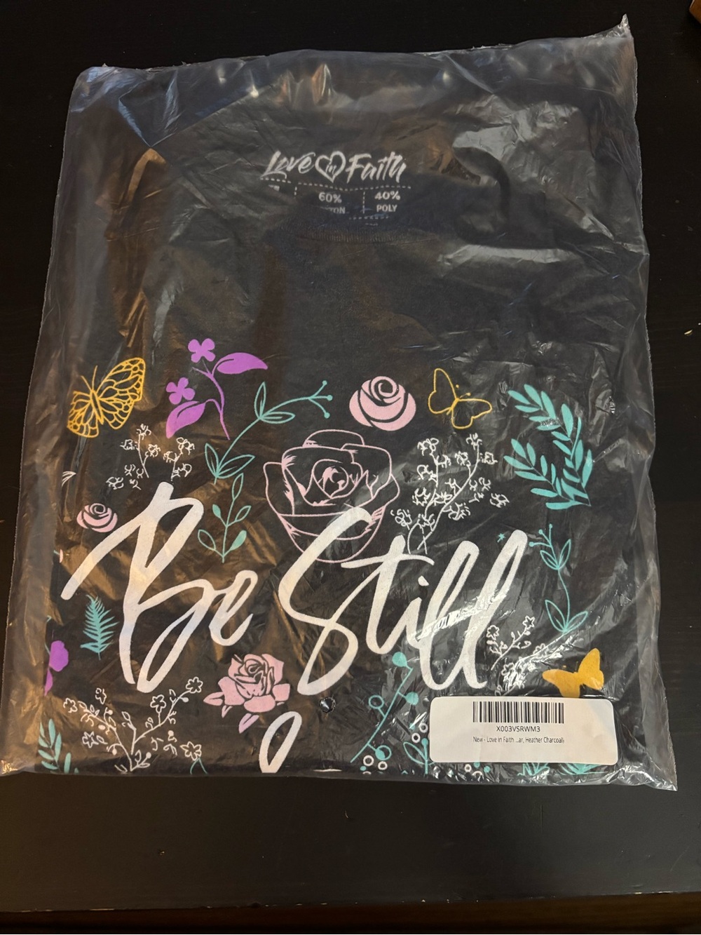 Women’s "Be Still & Know" Floral Love and Faith Graphic Tee - Charcoal Grey